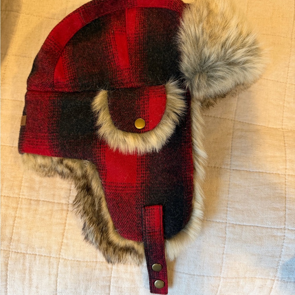 Pendleton Red Plaid Trapper Hat with Faux Fur
